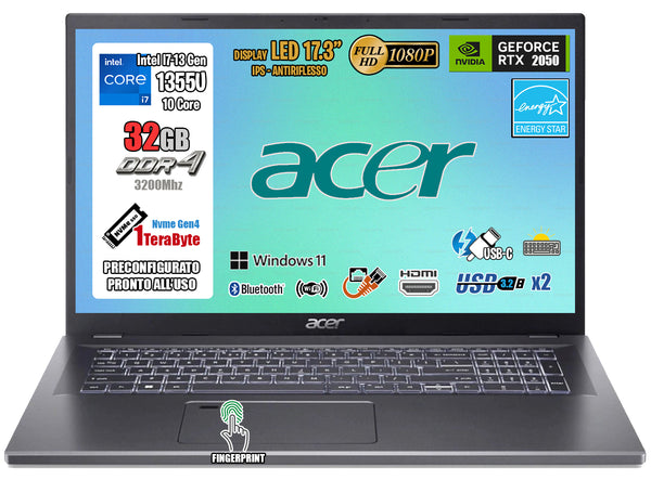 acer Notebook Aspire 5, CPU Intel Core i7-1355u 10 Core, RAM 32Gb, SSD 1Tb, GeForce RTX 2050 4Gb Ddr6, Monitor Display 17.3" Full HD IPS, USB 3.2, Wi-Fi6, Thunderbolt, FingerPrint, Win 11, Tastiera Retroilluminata.