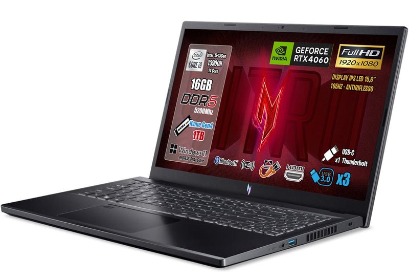 ACER NITRO V 15, NOTEBOOK GAMING, INTEL CORE I9-13900H, RAM 16GB DDR5, SSD 1TB PCI-EX, DISPLAY 15.6" FULLHD IPS 165HZ, NVIDIA GEFORCE RTX 4060 8GB GDDR6, WI-FI 6, THUNDERBOLT 4.0, TASTIERA RETROILLUMINATA, WINDOWS 11. PN:NH.QQEET.00L