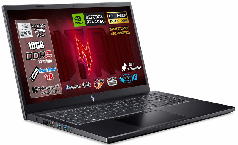 ACER NITRO V 15, NOTEBOOK GAMING, INTEL CORE I9-13900H, RAM 16GB DDR5, SSD 1TB PCI-EX, DISPLAY 15.6" FULLHD IPS 165HZ, NVIDIA GEFORCE RTX 4060 8GB GDDR6, WI-FI 6, THUNDERBOLT 4.0, TASTIERA RETROILLUMINATA, WINDOWS 11. PN:NH.QQEET.00L