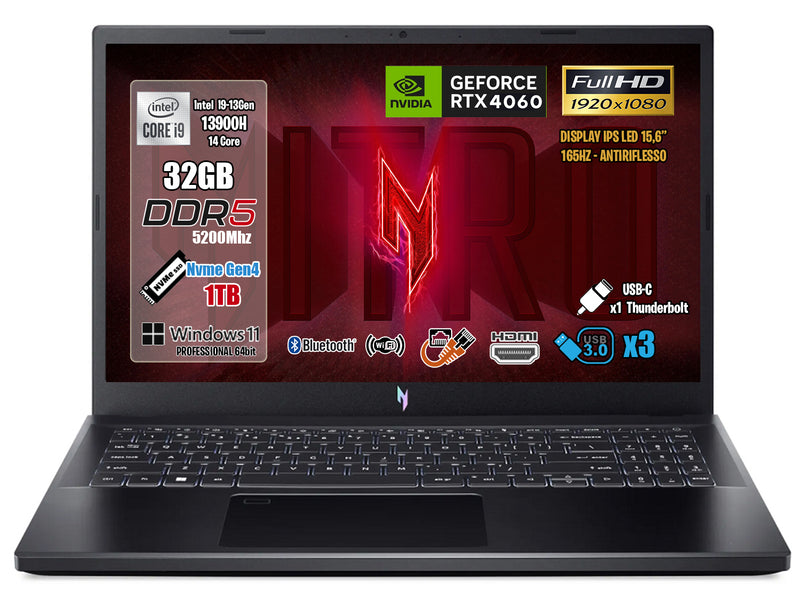 ACER NITRO V 15, NOTEBOOK GAMING, INTEL CORE I9-13900H, RAM 16GB DDR5, SSD 1TB PCI-EX, DISPLAY 15.6" FULLHD IPS 165HZ, NVIDIA GEFORCE RTX 4060 8GB GDDR6, WI-FI 6, THUNDERBOLT 4.0, TASTIERA RETROILLUMINATA, WINDOWS 11. PN:NH.QQEET.00L