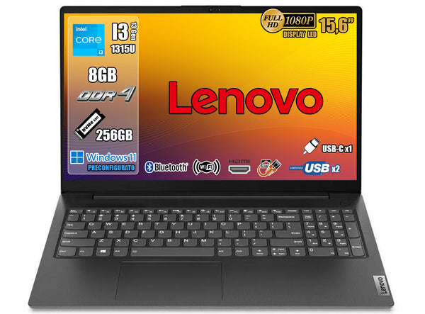 Lenovo Notebook, pc portatile Intel Core i3 1315U 13th, DDR4 8Gb, Display FHD 15,6", SSD 256Gb NVMe, Wi-Fi 6, Bluetooth 5.2, USB 3.2 Type-C, Win11 Pro, Nero, Nuovo, Pronto all'uso, 2 anni garanzia PN:83A1004SIX