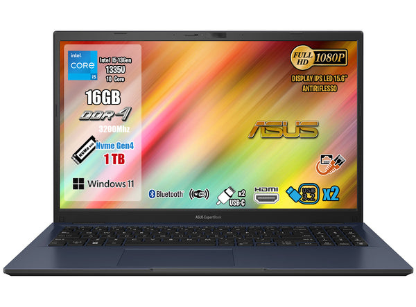 Asus Notebook ExperBook B1,CPU Intel i5-1335U 10Core fino a 4,7Ghz, RAM 16Gb Ddr4, SSD 1Tb Pci-Ex 4.0, Display 15.6" FHD, Wi-Fi 6, Bluetooth 5.3, Hdmi, Usb Type-C, Win 11, Mouse Wi-Fi Omaggio, pronto all'uso.