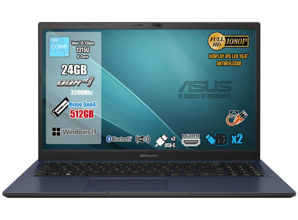 Asus Notebook ExpertBook B1,CPU Intel i3-1315U 6Core fino a 4,5Ghz, RAM 24 Gb Ddr4, SSD 512Gb Pci-Ex, Display 15.6" FHD, Wi-Fi 6E, Bluetooth 5.2, Hdmi, Usb Type-C, Win 11, Mouse Wi-Fi Omaggio, pronto all'uso.