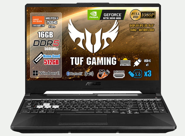 NOTEBOOK ASUS  RYZEN5-7535HS 16GB RAM 512GB SSD RTX 3050 4GB 15.6 FHD W11 HOME PN:FA506NC-HN001W