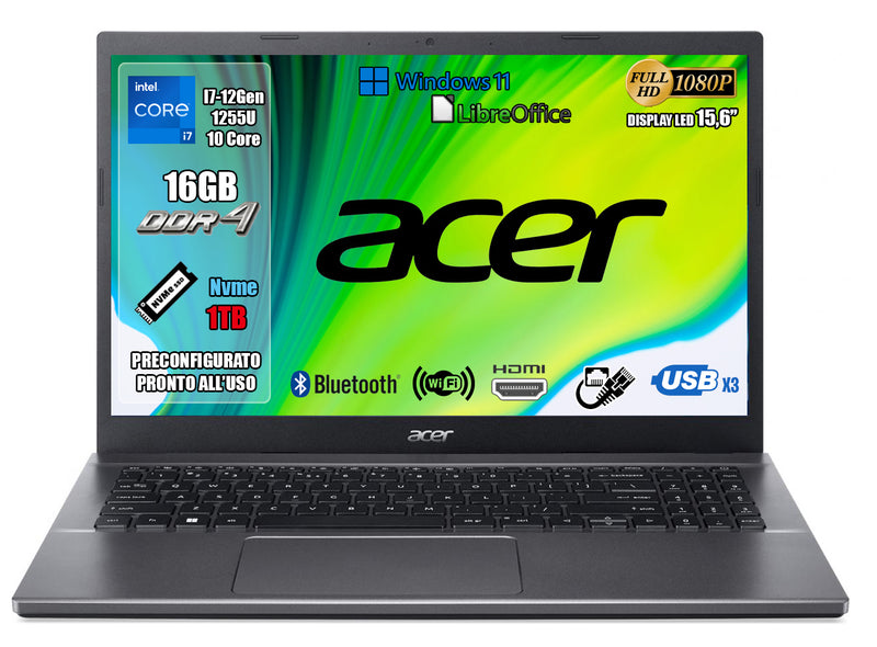 Notebook Acer Extensa 15 Processore Intel Core i7-1255U, RAM 16GB DDR4, 1TB SSD, Display 15.6" FHD, Scheda Grafica Intel Iris Xe, Windows 11 Pro.