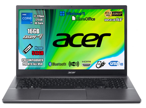 Acer Extensa 15 Notebook Processore Intel Core i7-1255U fino a 4.7Ghz , RAM 16GB DDR4, SSD 512GB PCIe, Display 15.6" FHD, Scheda Grafica Intel Iris Xe, Lan Gigabit, Wi-Fi6, W11 Pro, Garanzia 2 anni.