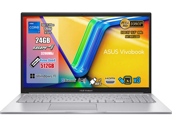 Asus Notebook VivoBook 15, CPU Intel i7-1255U 10Core fino a 4,7Ghz, RAM 24 Gb Ddr4, SSD 512Gb Pci-Ex, Display 15.6" FHD, Wi-Fi 6E, Bluetooth 5.3, Hdmi, Usb Type-C, Win 11, Mouse Wi-Fi Omaggio, pronto all'uso.