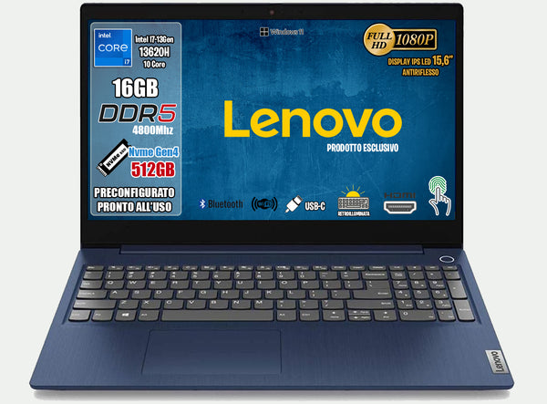 Lenovo, pc portatile Notebook, i7 13620H 13th, DDR5 16Gb, Display FHD 15,6", SSD 512Gb, Wi-Fi, Bt, USB 3.2, Tastiera retroilluminata, fingeprint integrato, Win11 Pro, Blue Abyss