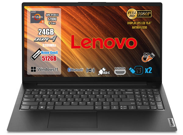 Lenovo Notebook, CPU Amd Ryzen7 5700U, RAM 24Gb Ddr4, SSD 512Gb, Display 15.6" FullHd, Wi-Fi 5, Usb Type-C, W11.