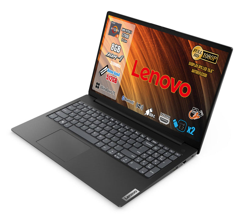 NOTEBOOK LENOVO AMD RYZEN7 5700U 8GB RAM 512GB SSD 15.6 FHD W11 PRO PN:82KD00DCIX