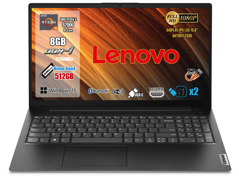 NOTEBOOK LENOVO AMD RYZEN7 5700U 8GB RAM 512GB SSD 15.6 FHD W11 PRO PN:82KD00DCIX