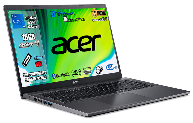 Notebook Acer Extensa 15 Processore Intel Core i7-1255U, RAM 16GB DDR4, 1TB SSD, Display 15.6" FHD, Scheda Grafica Intel Iris Xe, Windows 11 Pro.